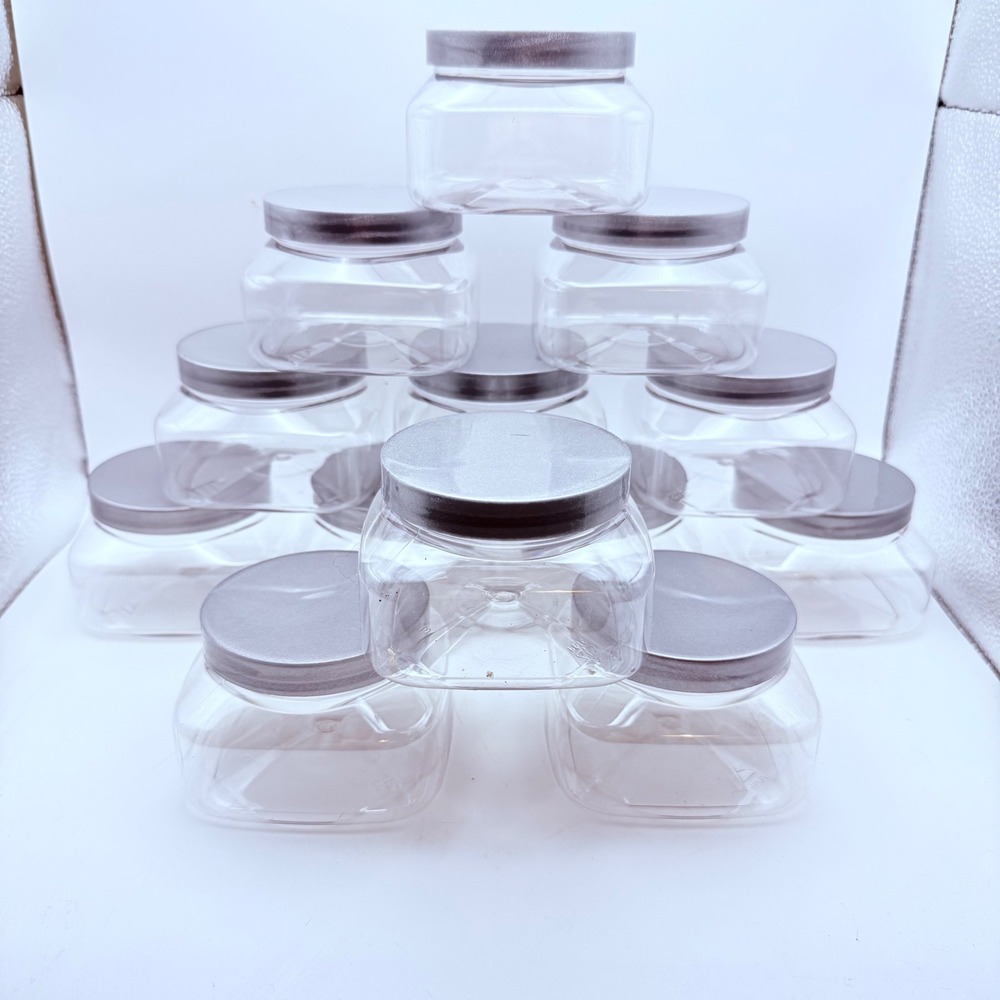 13 Clear Square Plastic Jars with Silver Lids 8oz  Cosmetics Crafts Party Favors